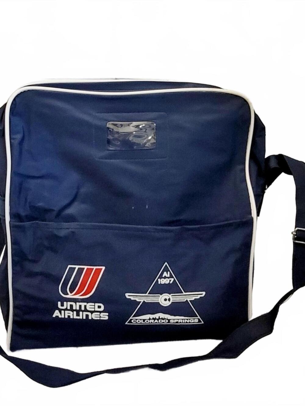 United Airlines 1997 Colorado Springs Blue Vinyl Graphic Tote Shoulder Bag Adjus